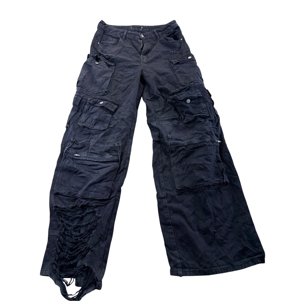 Unbranded Cargo Pants Mens 35 Black Distressed Wide Leg Multi-Pocket Streetwear